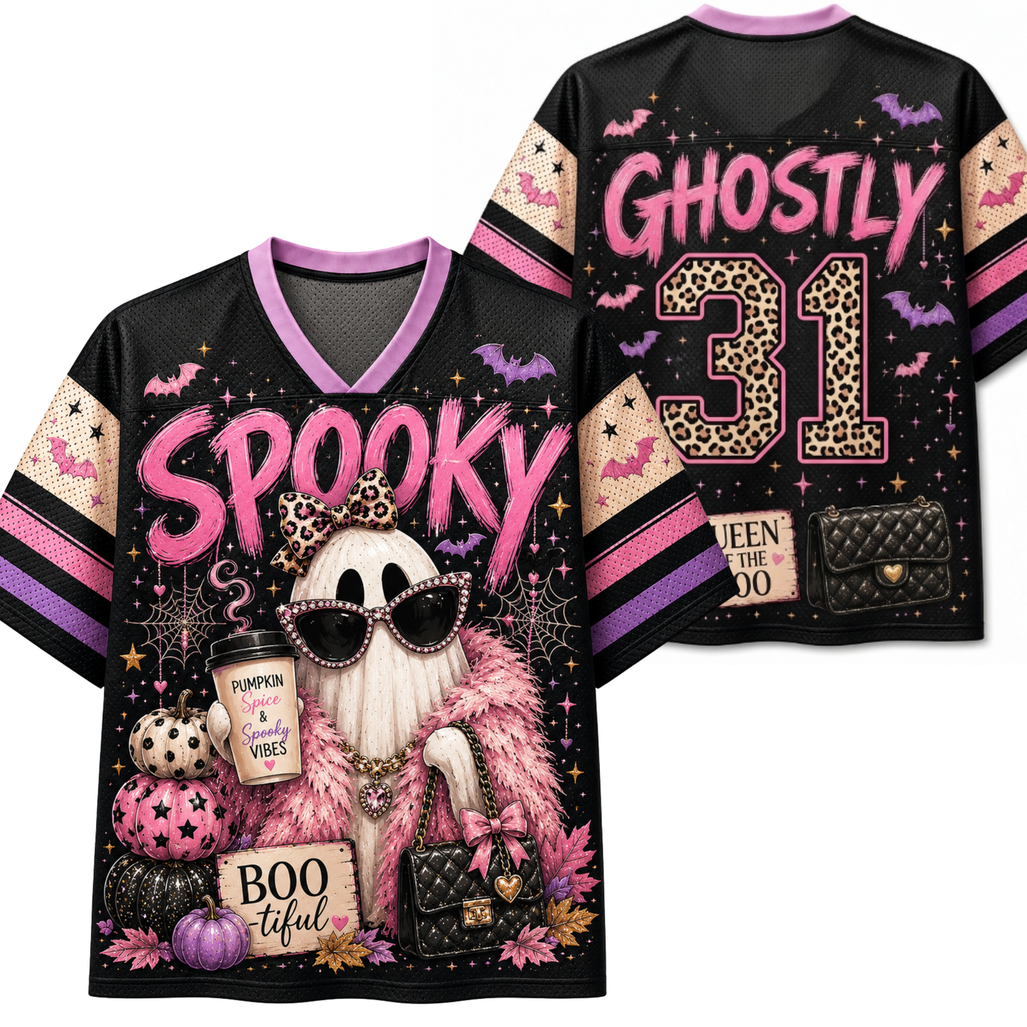 A black V-neck football-style shirt shown from the front and back, featuring a Halloween-themed graphic with pink 'Spooky' lettering, a ghost in sunglasses, leopard-print number 31, bats, pumpkins, and purple and pink accents.