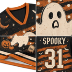 Product compilation highlighting the vibrant pumpkin orange V-neck ribbed collar, flying bat yoke doodles, cream and orange sleeve athletic stripes, and breathable mesh fabric.