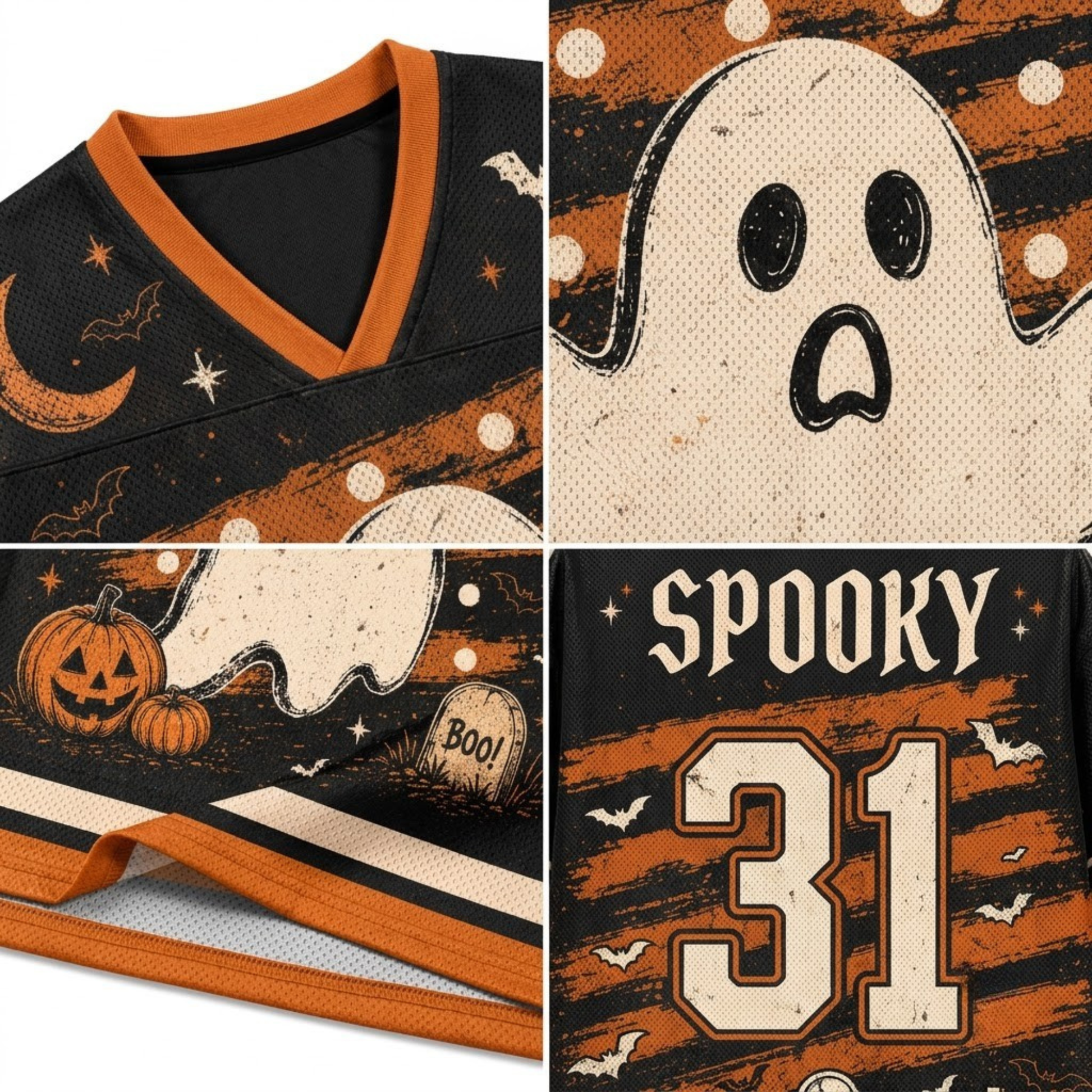 Product compilation highlighting the vibrant pumpkin orange V-neck ribbed collar, flying bat yoke doodles, cream and orange sleeve athletic stripes, and breathable mesh fabric.