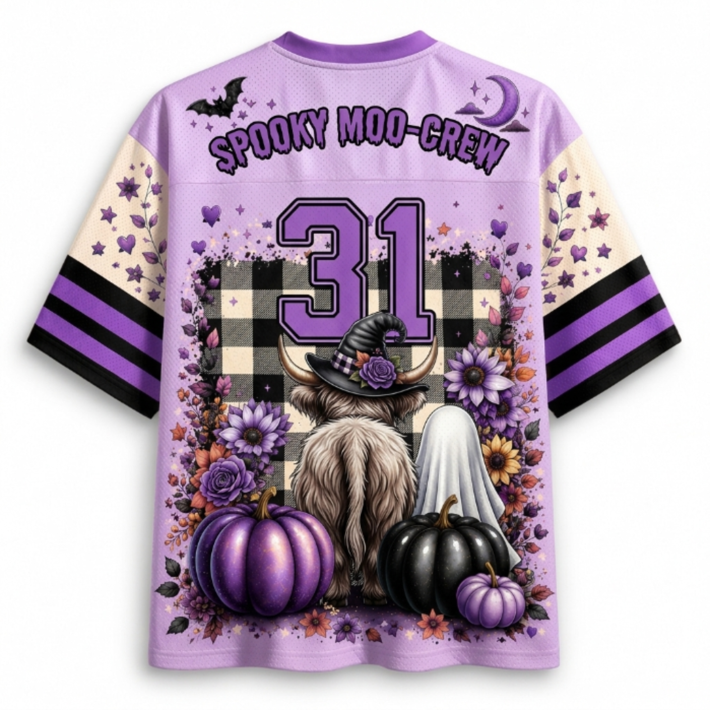 A light purple short-sleeve jersey-style shirt shown from the back, featuring a Halloween-themed graphic with the words 'SPOOKY MOO-CREW,' the number 31, pumpkins, flowers, a witch hat, a ghost, and black-and-white plaid. The sleeves are cream with purple and black stripes.