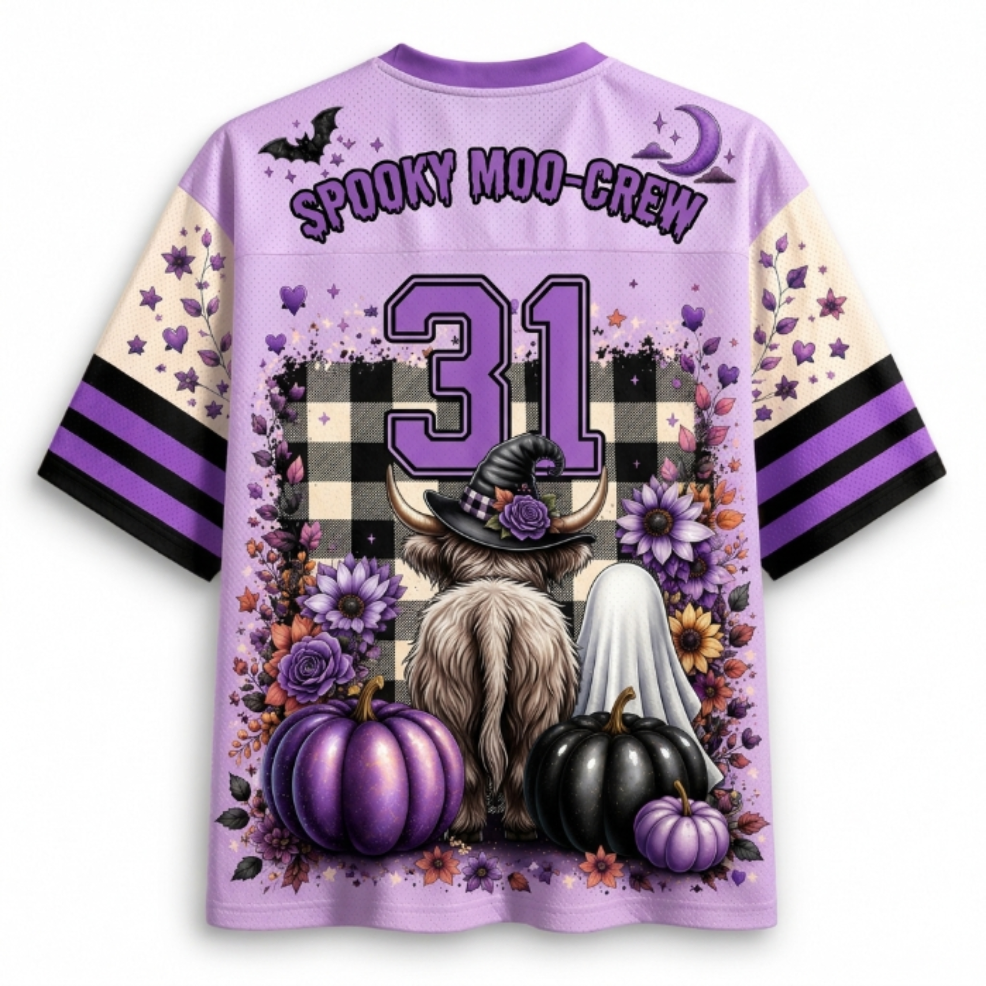 A light purple short-sleeve jersey-style shirt shown from the back, featuring a Halloween-themed graphic with the words 'SPOOKY MOO-CREW,' the number 31, pumpkins, flowers, a witch hat, a ghost, and black-and-white plaid. The sleeves are cream with purple and black stripes.