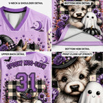A four-panel product detail collage for a purple Halloween-themed V-neck jersey. The panels show neckline and shoulder detail, bottom hem detail, upper back detail with the number 31, and a front print close-up featuring a dog, ghost, flowers, and a witch hat on a plaid background.