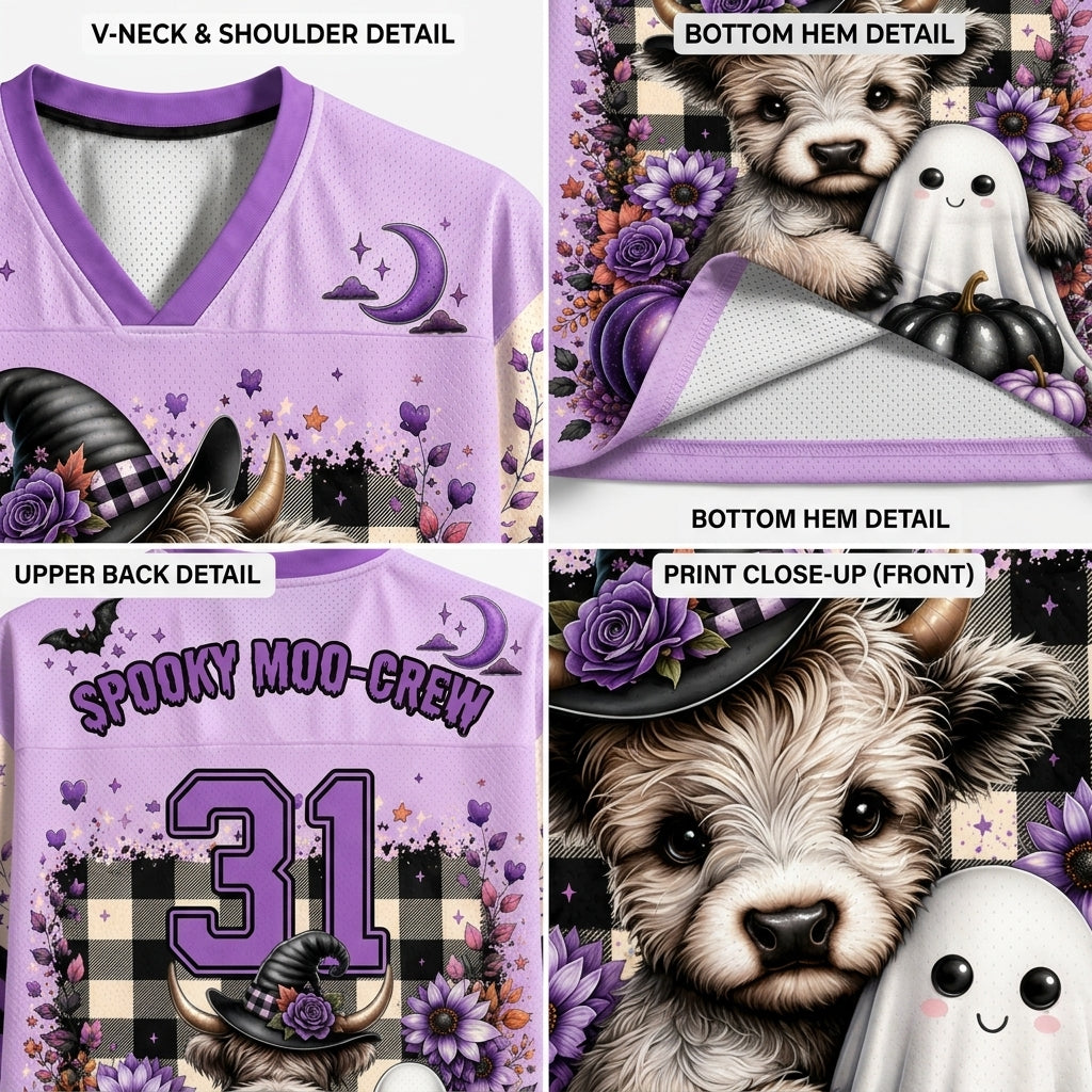 A four-panel product detail collage for a purple Halloween-themed V-neck jersey. The panels show neckline and shoulder detail, bottom hem detail, upper back detail with the number 31, and a front print close-up featuring a dog, ghost, flowers, and a witch hat on a plaid background.