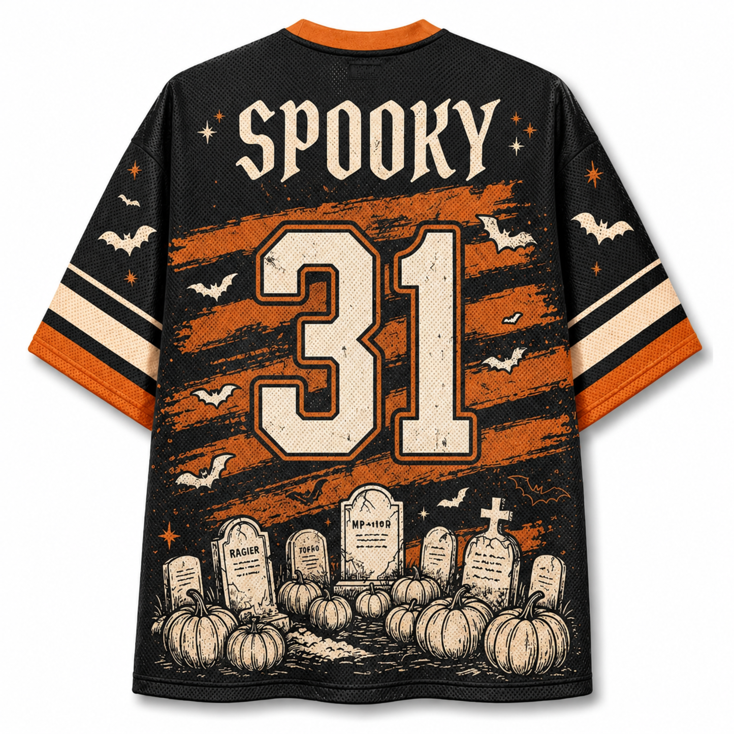 Back view of the Chaotic Club jersey showcasing 'SPOOKY' gothic typography above a vintage cream number 31 with a graveyard tombstone and pumpkin illustration.