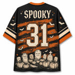 Back view of the Chaotic Club jersey showcasing 'SPOOKY' gothic typography above a vintage cream number 31 with a graveyard tombstone and pumpkin illustration.