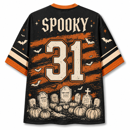 Back view of the Chaotic Club jersey showcasing 'SPOOKY' gothic typography above a vintage cream number 31 with a graveyard tombstone and pumpkin illustration.