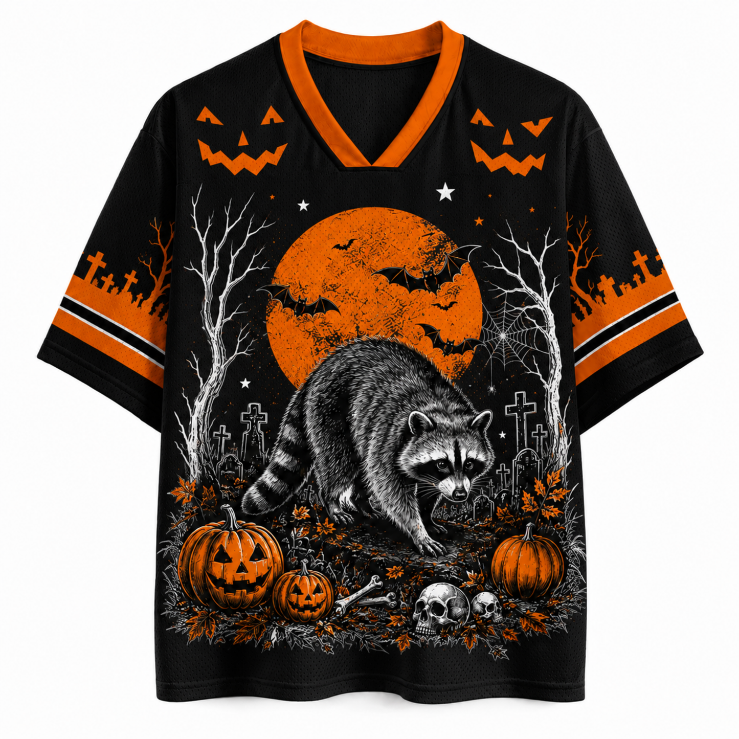 A black short-sleeve V-neck t-shirt with an orange collar and sleeve stripes, featuring a Halloween graphic print of a raccoon, pumpkins, bats, and a full moon.