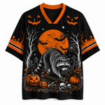 A black short-sleeve V-neck t-shirt with an orange collar and sleeve stripes, featuring a Halloween graphic print of a raccoon, pumpkins, bats, and a full moon.
