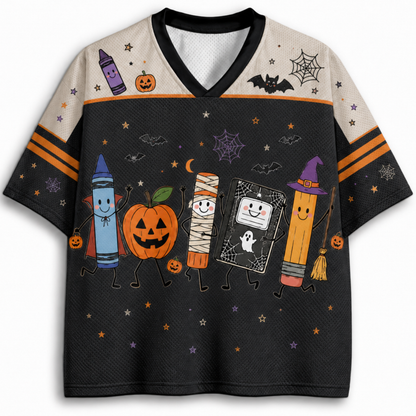 Front view of the black school varsity jersey displaying cute Halloween school supplies including a vampire crayon, mummy glue, pumpkin, composition notebook, and witch pencil.