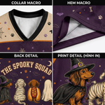 Four-panel product detail collage for a Halloween-themed dog shirt. Top-left shows the collar area with a beige and purple V-neck design and small spider/paw motifs.