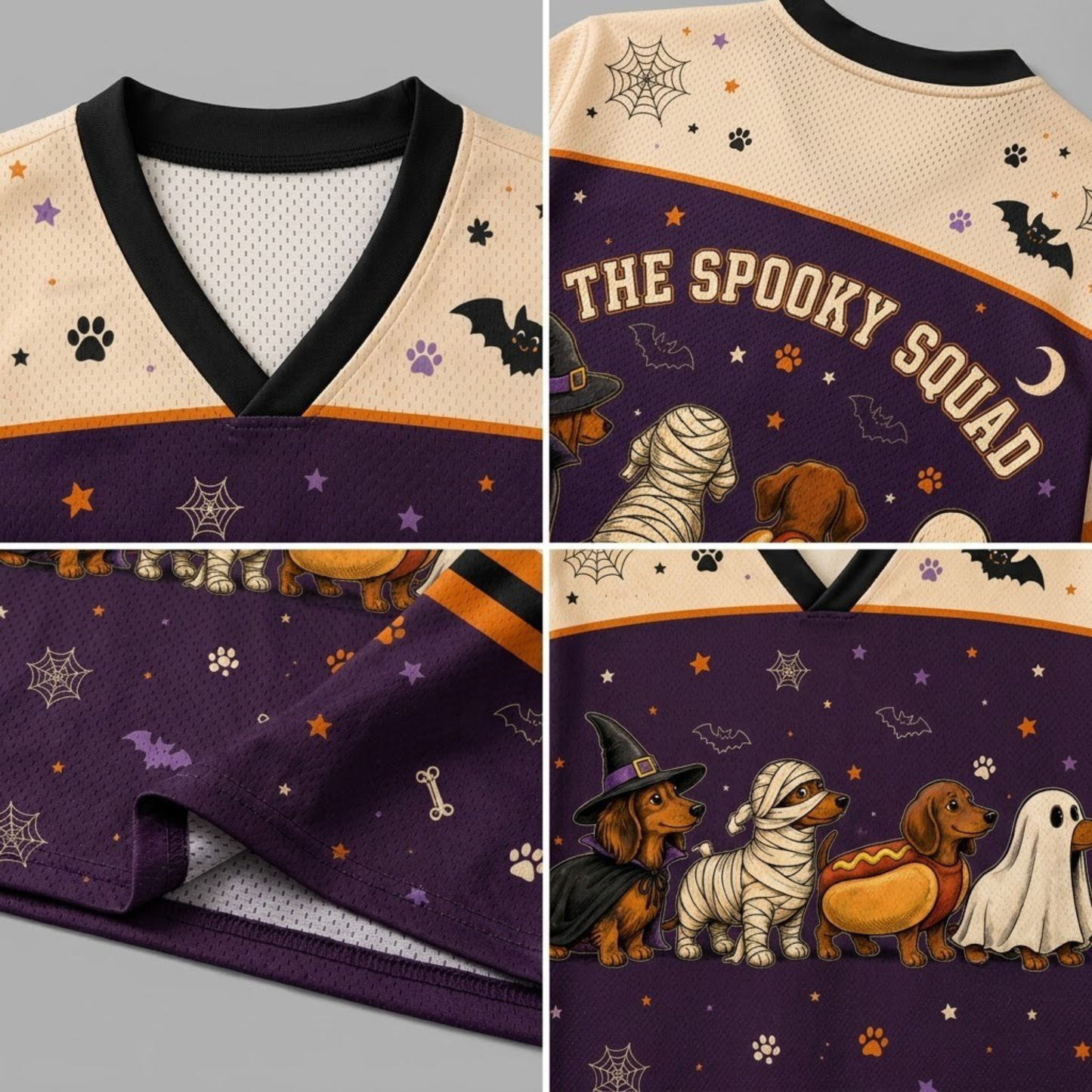 A four-panel product collage showing a Halloween-themed football jersey. The jersey has a purple lower half with orange stars and paw prints, a cream upper half with black trim, and a central purple panel reading 'THE SPOOKY SQUAD' above illustrations of dachshunds dressed as a witch, mummy, hot dog, and ghost.