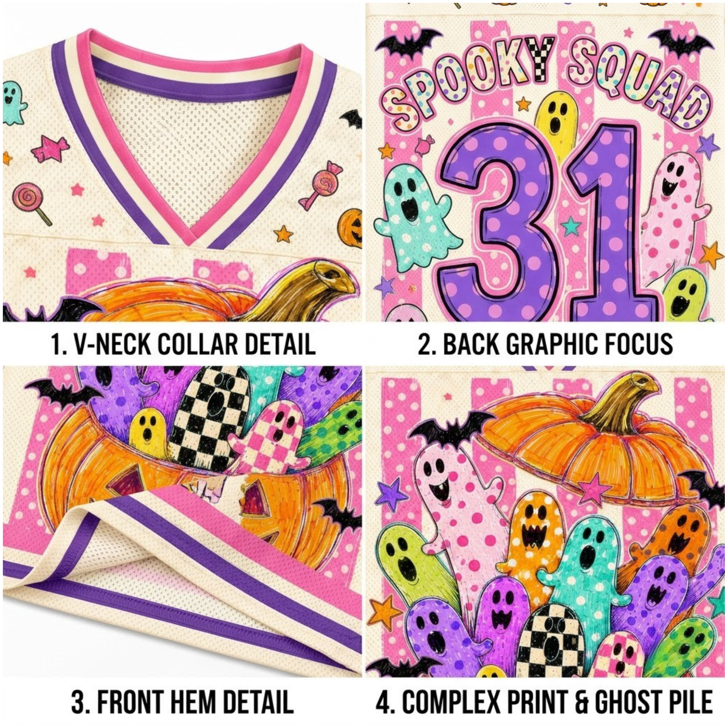 A four-panel product detail collage for a Halloween-themed football jersey. The panels show close-ups of the V-neck collar, back graphic with 'SPOOKY SQUAD 31', front hem, and a pile of printed ghosts.