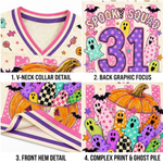 A four-panel product detail collage for a Halloween-themed football jersey. The panels show close-ups of the V-neck collar, back graphic with 'SPOOKY SQUAD 31', front hem, and a pile of printed ghosts.
