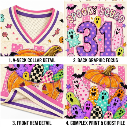 A four-panel product detail collage for a Halloween-themed football jersey. The panels show close-ups of the V-neck collar, back graphic with 'SPOOKY SQUAD 31', front hem, and a pile of printed ghosts.