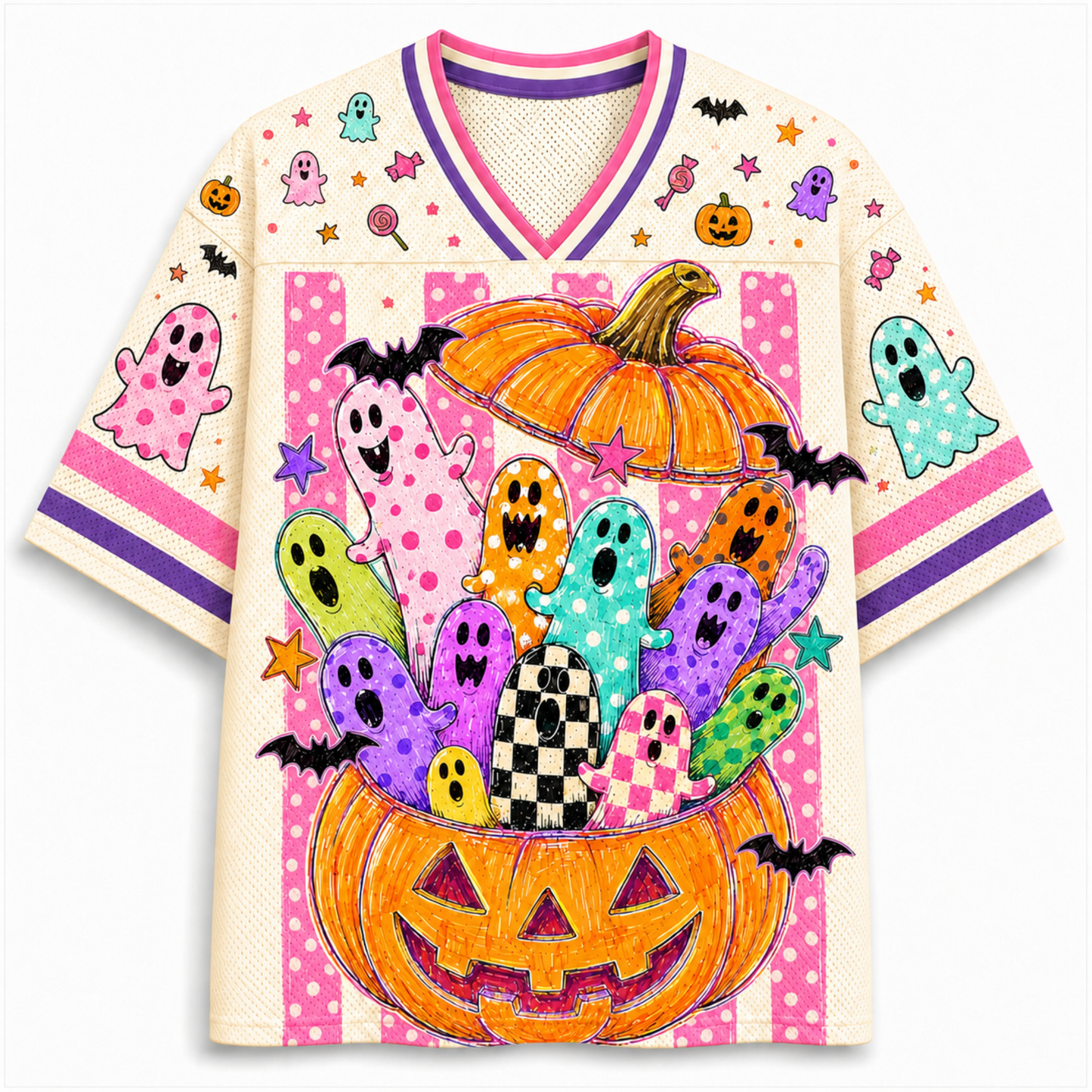 A short-sleeve V-neck jersey-style top with a Halloween graphic print. The cream mesh fabric features pink polka-dot stripes, colorful ghosts, bats, stars, and a large jack-o'-lantern with a floating pumpkin canopy.