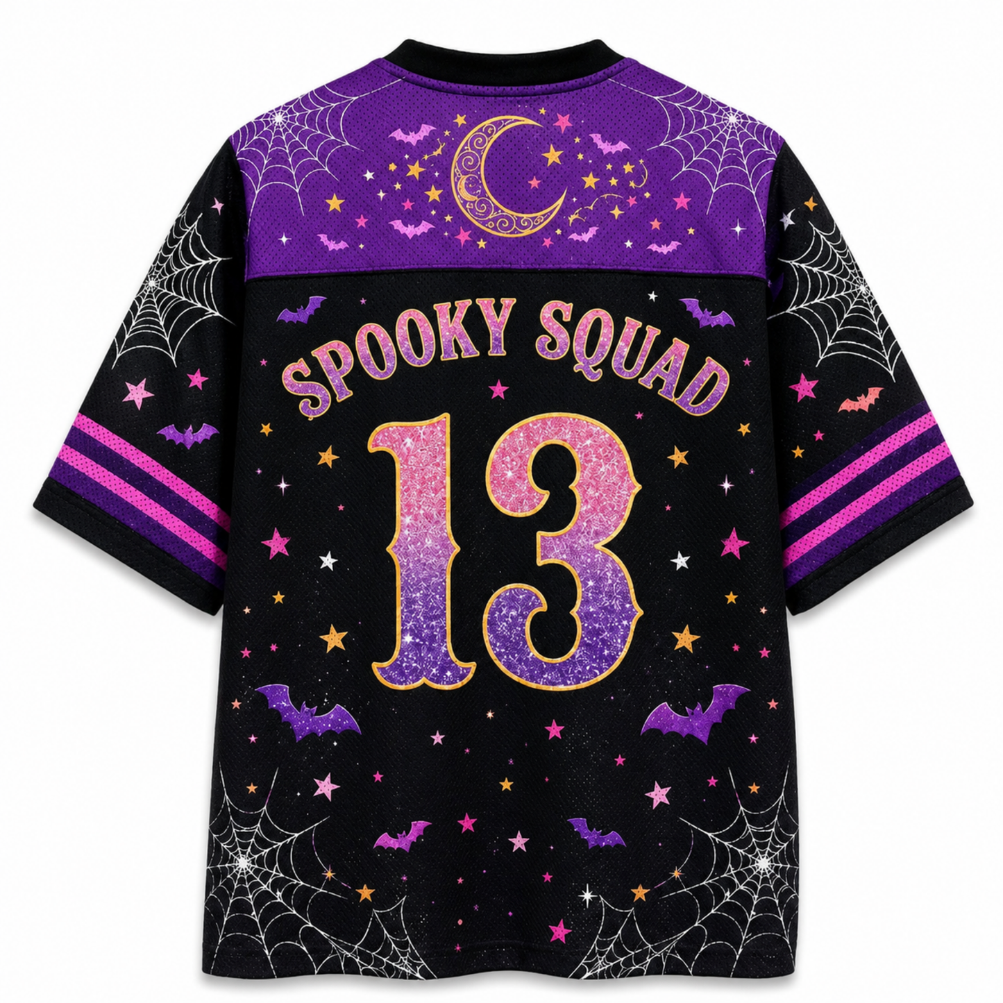 A short-sleeve black and purple soccer jersey with a Halloween theme, featuring 'Spooky Squad' and the number '13' in glittery purple and gold, decorated with spiderwebs, bats, and stars.