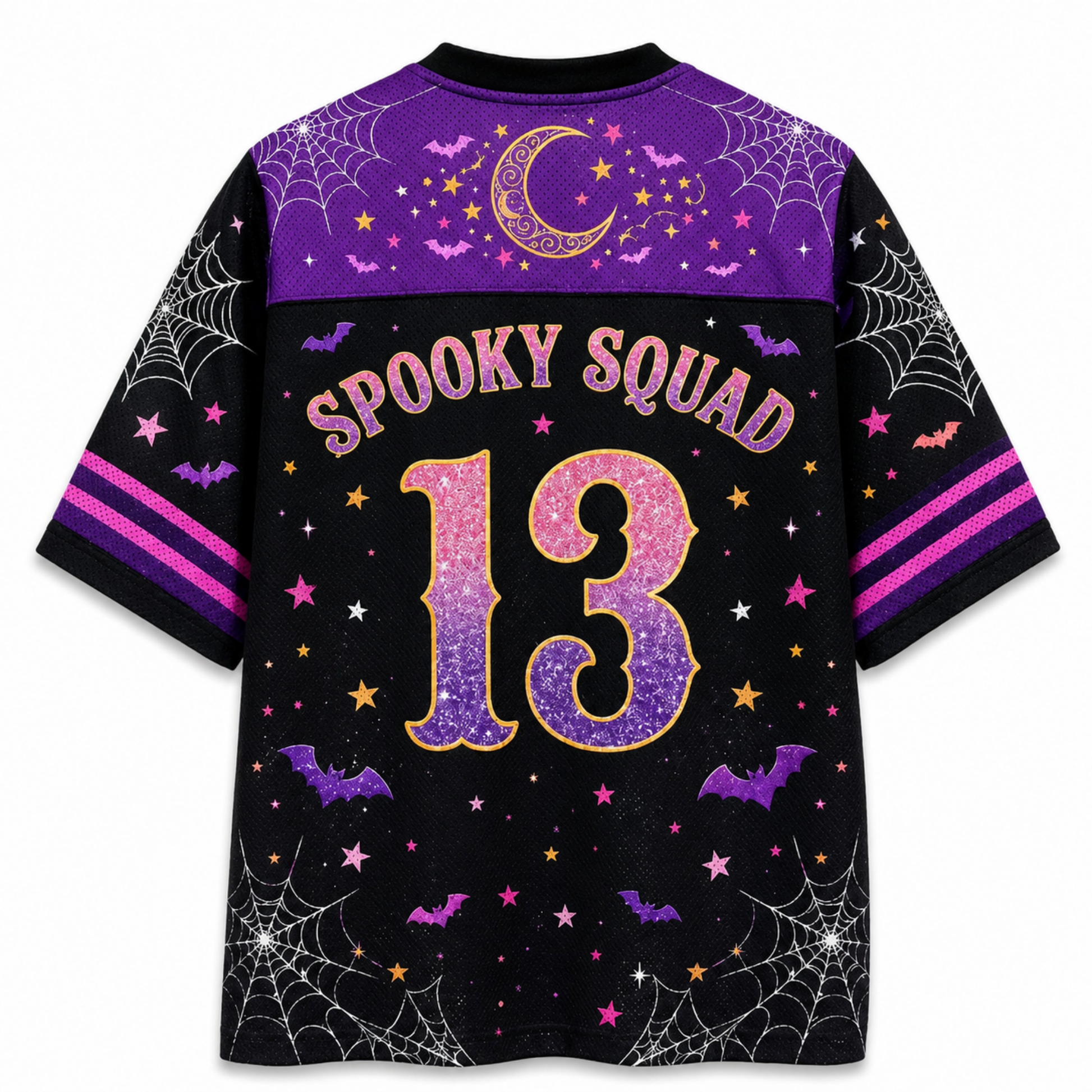 A short-sleeve black and purple soccer jersey with a Halloween theme, featuring 'Spooky Squad' and the number '13' in glittery purple and gold, decorated with spiderwebs, bats, and stars.