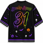 Back view of the Chaotic Club Halloween jersey showcasing 'spooky squad' lettering above a large neon gradient dripping number 31 with bats and skulls.