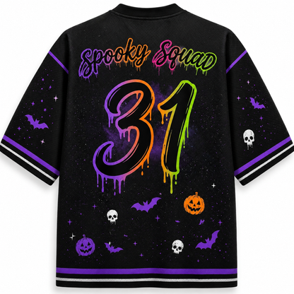 Back view of the Chaotic Club Halloween jersey showcasing 'spooky squad' lettering above a large neon gradient dripping number 31 with bats and skulls.