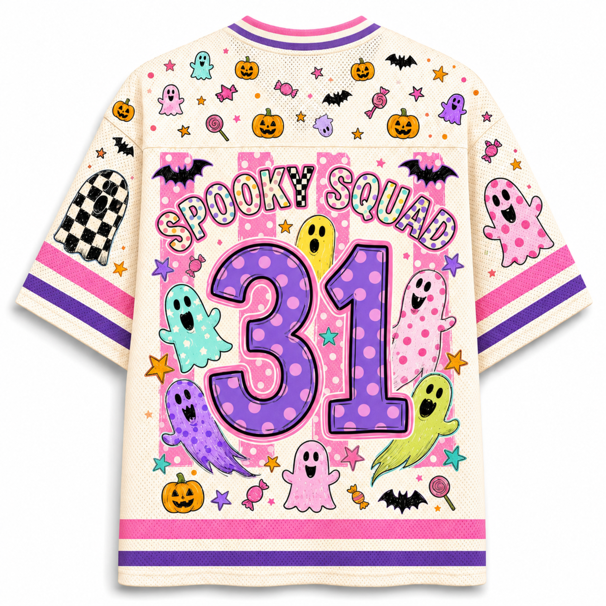 A cream-colored mesh short-sleeve jersey shown from the back, featuring a vibrant Halloween-themed graphic print with 'SPOOKY SQUAD', the number '31', ghosts, pumpkins, bats, and stars.