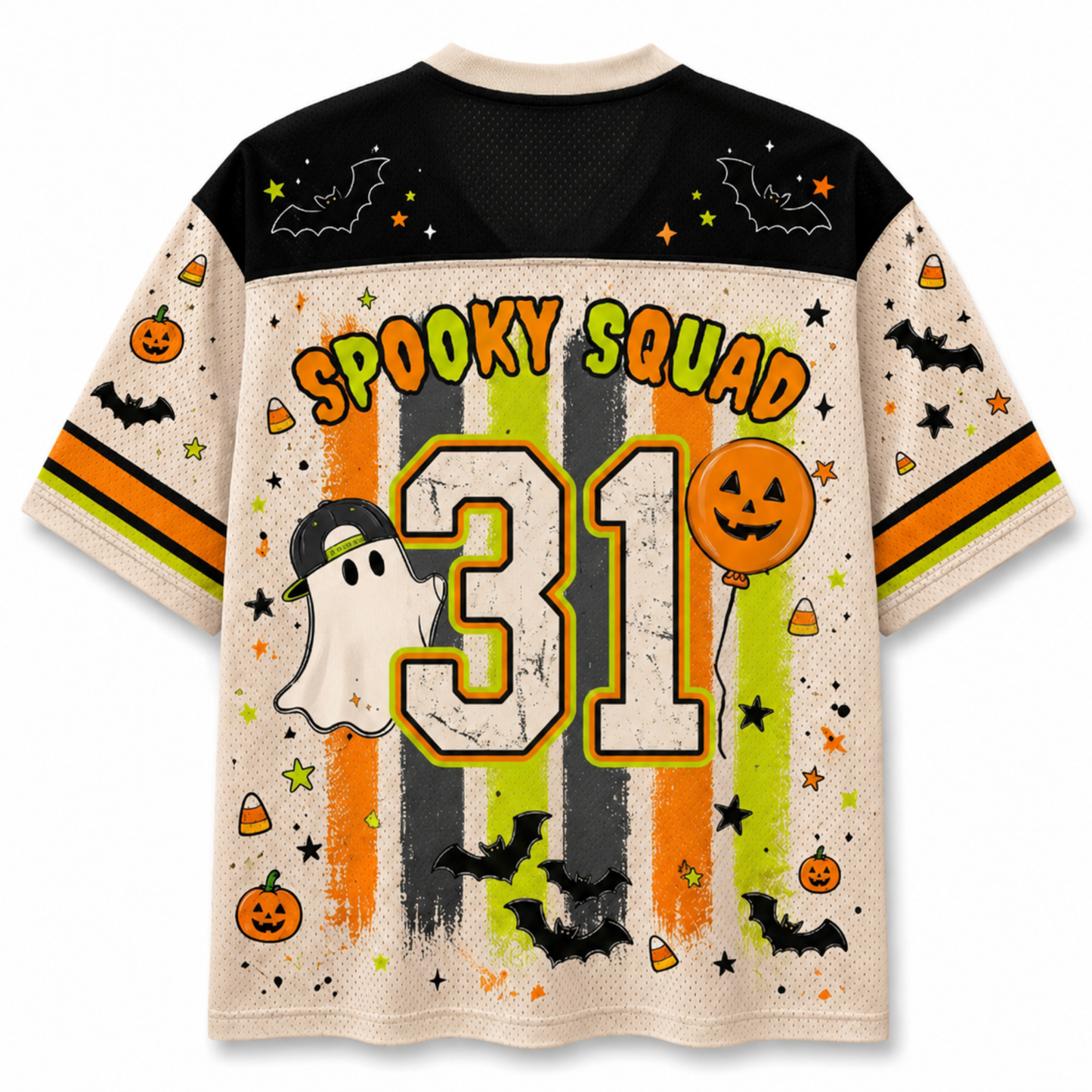 Back view of the Chaotic Club jersey showcasing 'SPOOKY SQUAD' typography above a vintage cream number 31 with an orange pumpkin balloon.