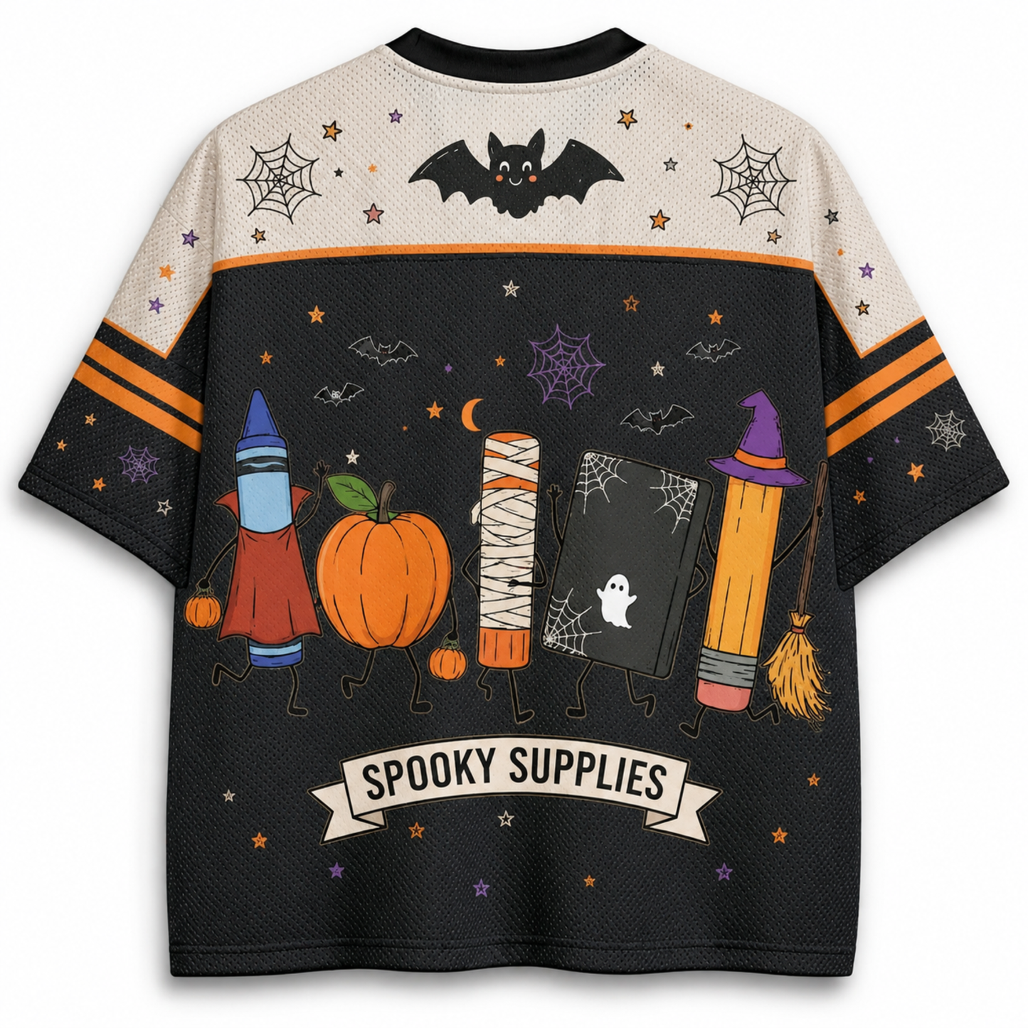 Back view of the Chaotic Club jersey showcasing the backside of the Halloween school supply characters above a ribbon banner reading 'SPOOKY SUPPLIES'.