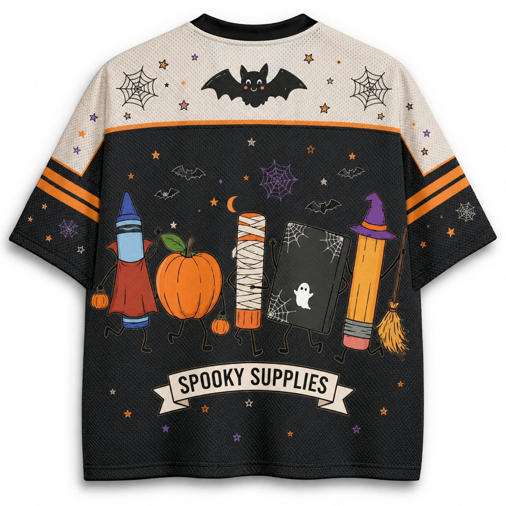 Back view of the Chaotic Club jersey showcasing the backside of the Halloween school supply characters above a ribbon banner reading 'SPOOKY SUPPLIES'.