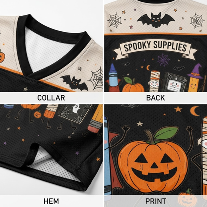 Product compilation highlighting the black V-neck collar, cream yoke with spiderweb prints, orange and black sleeve athletic stripes, and breathable mesh fabric.