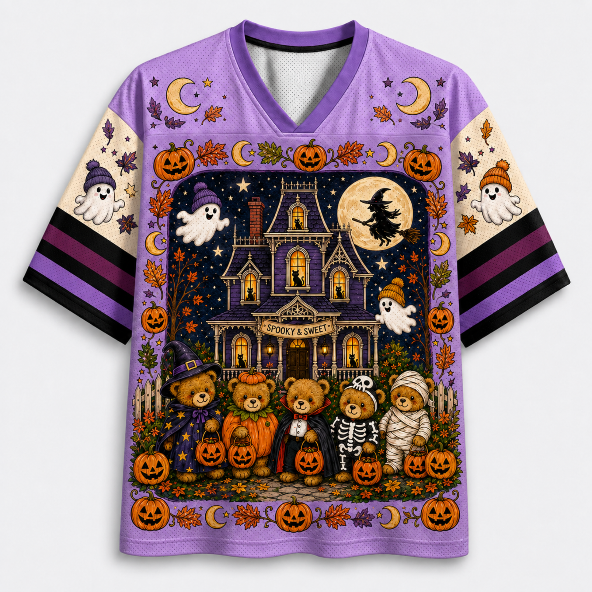 A purple short-sleeve V-neck t-shirt featuring a detailed Halloween graphic print on the front. The design shows a haunted house, a witch riding a broomstick under a full moon, ghosts, pumpkins, and four teddy bears dressed in Halloween costumes (wizard, pumpkin, skeleton, and mummy) at the bottom.