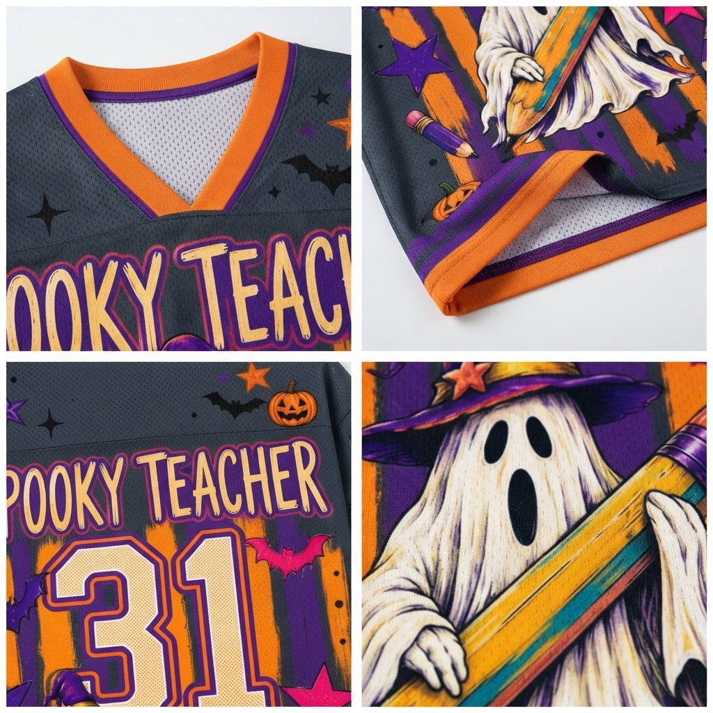 Product compilation highlighting the bright orange ribbed V-neck collar, purple and orange sleeve athletic stripes, mini pencil graphics, and premium mesh fabric.