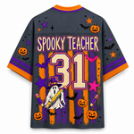 Back view of the Chaotic Club teacher jersey showcasing 'SPOOKY TEACHER' text above a large varsity number 31 with witch ghosts, bats, and pumpkins.