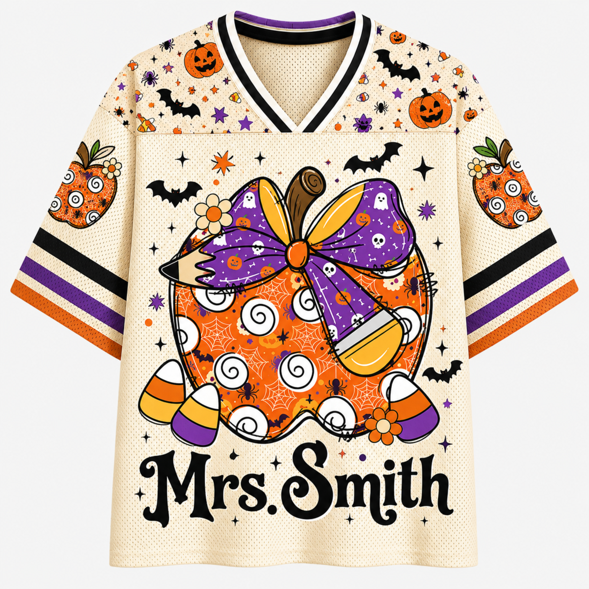 A Halloween-themed V-neck t-shirt with a cream-colored mesh base, featuring a large orange and purple witch's hat graphic, candy corn, bats, pumpkins, and the text 'Mrs. Smith' printed on the front.