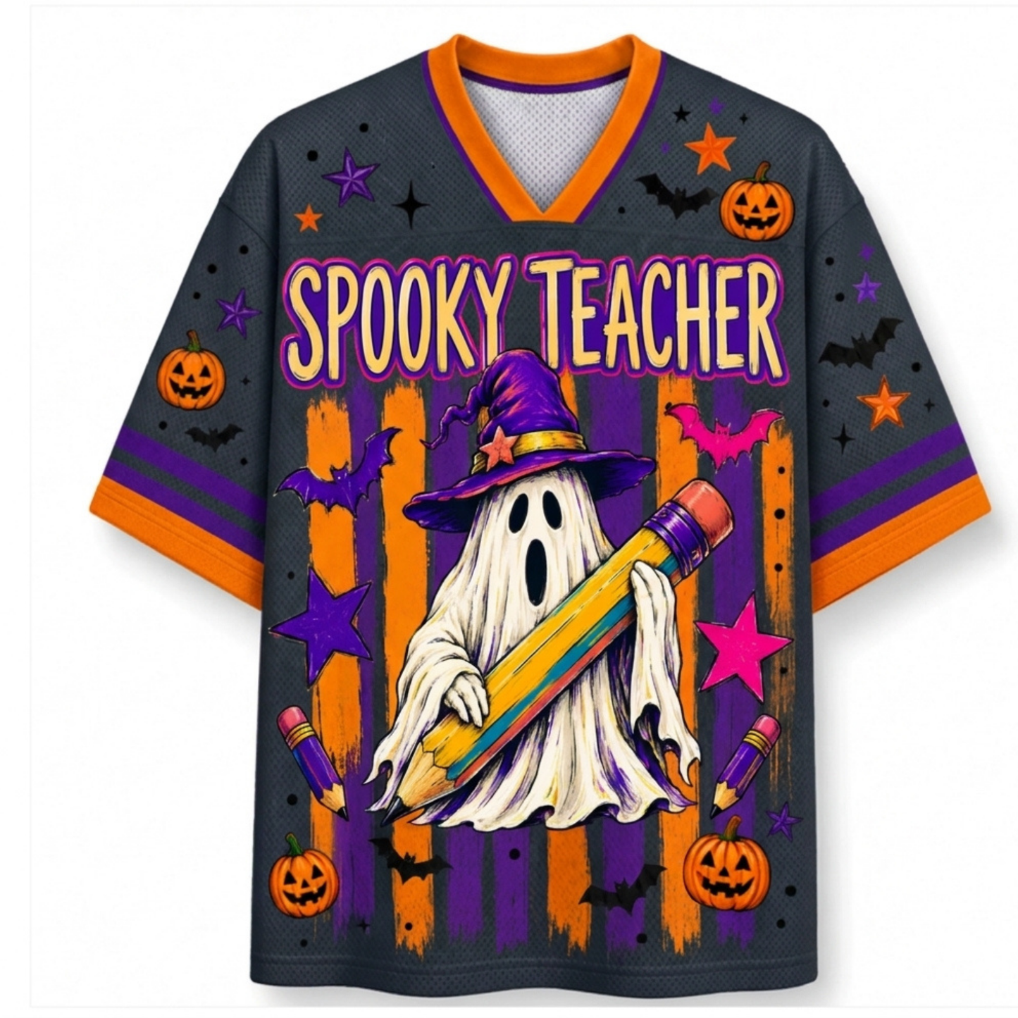 A dark gray V-neck short-sleeve jersey with orange trim and a colorful Halloween graphic featuring the words 'SPOOKY TEACHER,' a ghost, a witch hat, pumpkins, bats, stars, and pencils.