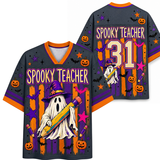 Front and back mockup preview of the dark grey Chaotic Club Spooky Teacher Halloween jersey featuring a witch ghost holding a giant pencil and back number 31.
