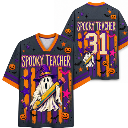 Front and back mockup preview of the dark grey Chaotic Club Spooky Teacher Halloween jersey featuring a witch ghost holding a giant pencil and back number 31.