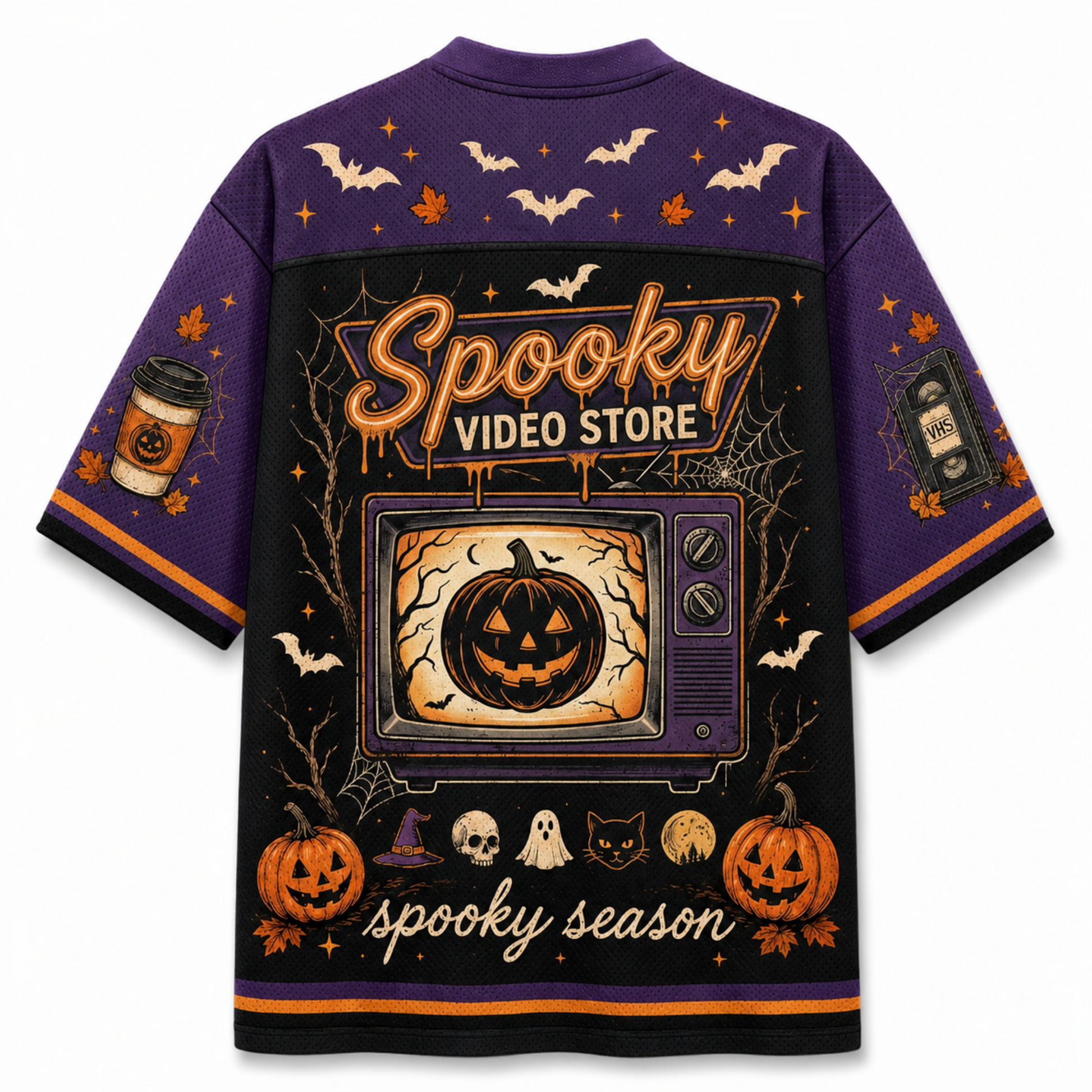 A purple short-sleeve t-shirt with an all-over Halloween-themed graphic print on the back. The design features a large retro TV showing a jack-o'-lantern, 'Spooky Video Store' text, pumpkins, bats, skulls, ghosts, and 'spooky season' script.