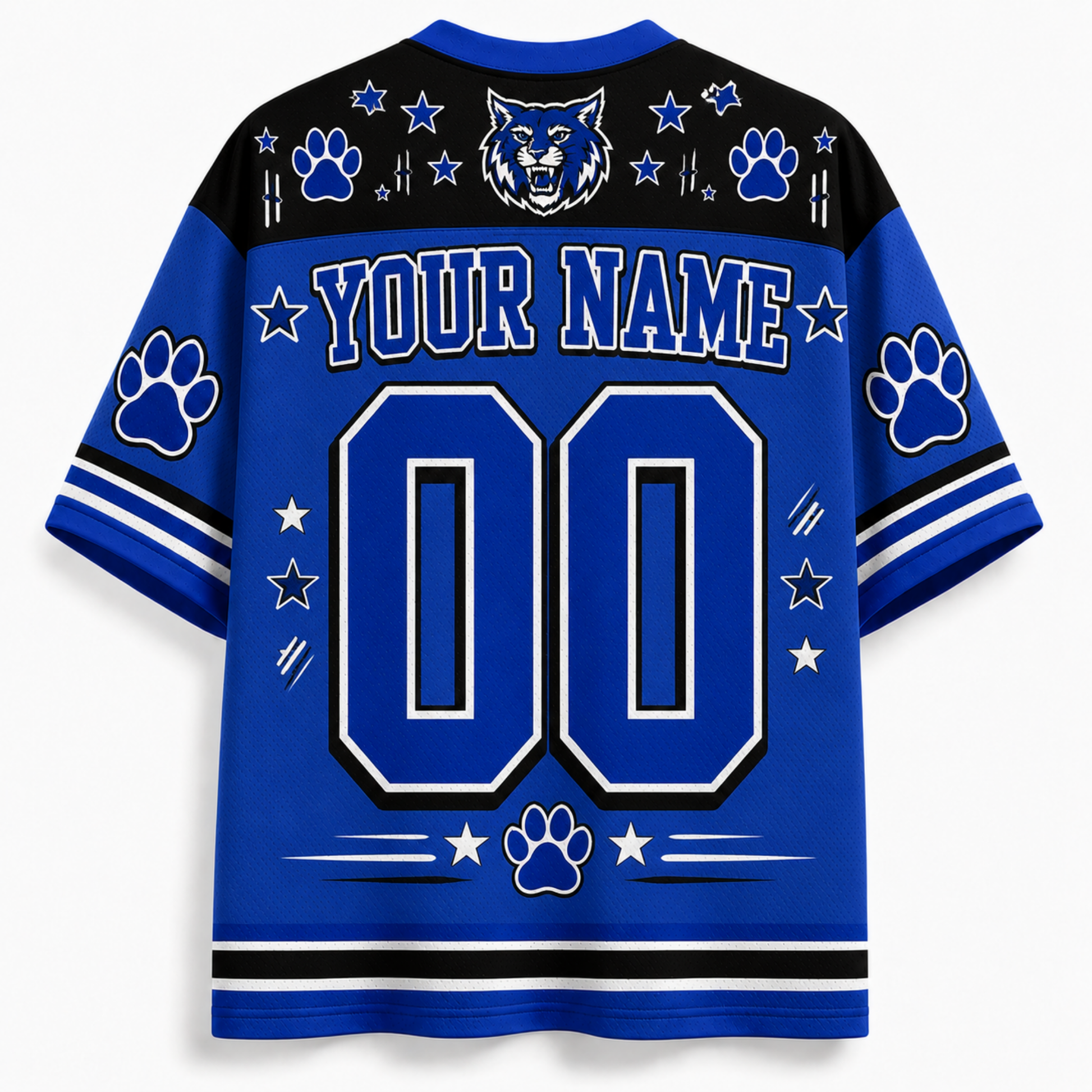 Customizable royal blue and black short-sleeve athletic jersey shown from the back, featuring a large 'YOUR NAME' and '00' placeholder design with paw prints, stars, stripes, and a wolf head graphic on the shoulders.