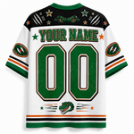 Customizable white and green hockey jersey with 'YOUR NAME' and '00' on the back, featuring alligator graphics and star details.