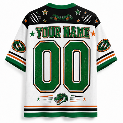 Customizable white and green hockey jersey with 'YOUR NAME' and '00' on the back, featuring alligator graphics and star details.