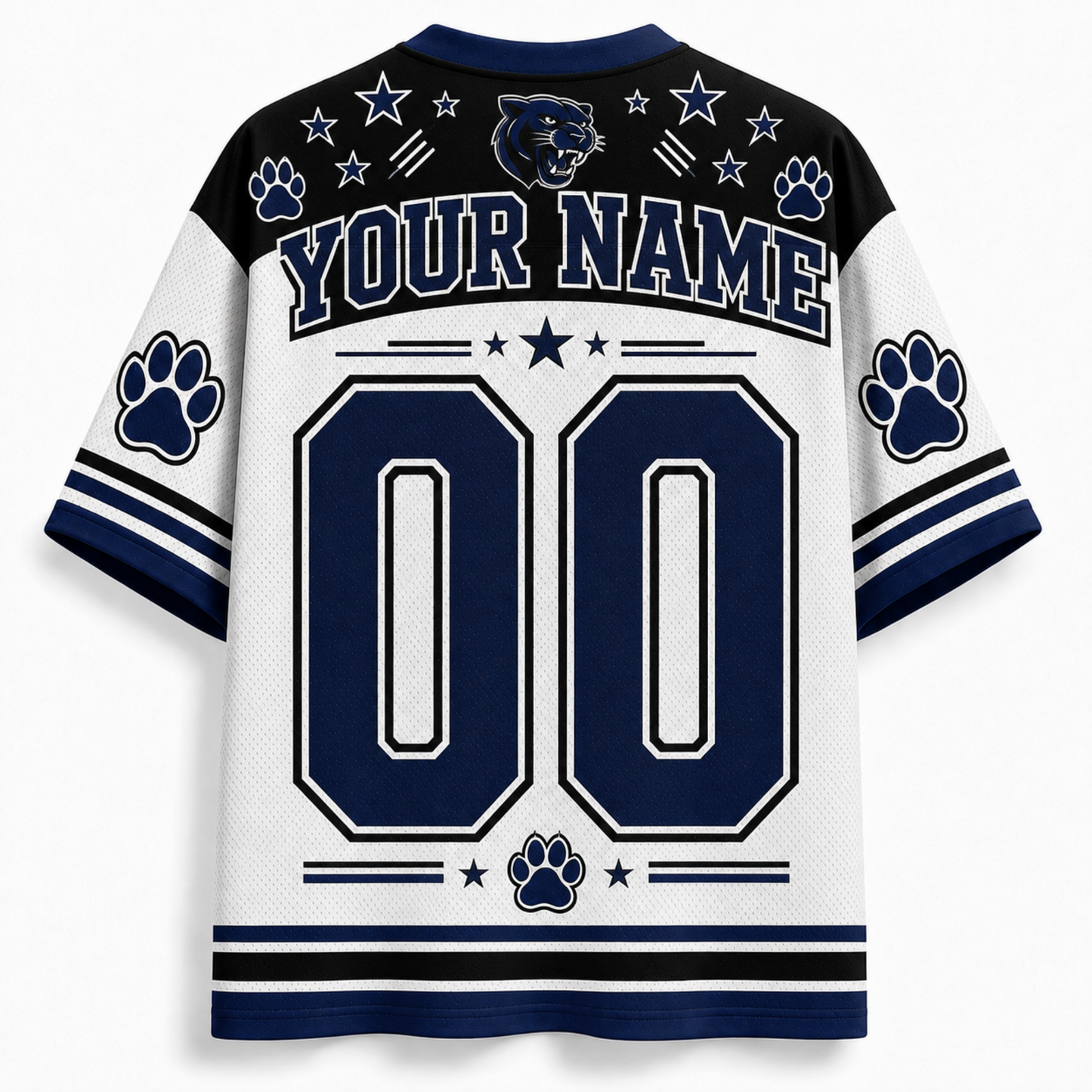 Customizable white and navy blue short-sleeve sports jersey shown from the back, featuring 'YOUR NAME' and '00' in large block numbers, paw prints, stars, stripes, and a panther logo.