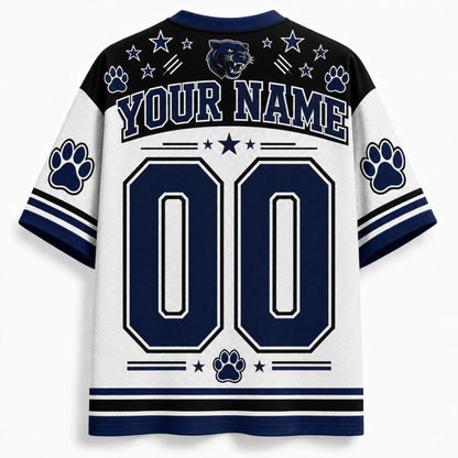 Customizable white and navy blue short-sleeve sports jersey shown from the back, featuring 'YOUR NAME' and '00' in large block numbers, paw prints, stars, stripes, and a panther logo.
