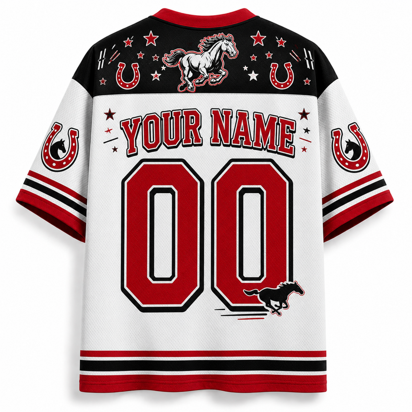 Customizable white, black, and red short-sleeve sports jersey shown from the back, featuring 'YOUR NAME' and '00' in large red block numbers, with horseshoes, stars, and a running horse graphic.