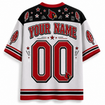 White short-sleeve jersey with red and black athletic-style graphics, including the text 'YOUR NAME', large '00' numbers, feather motifs, stars, and a red cardinal logo on the shoulders and lower back.