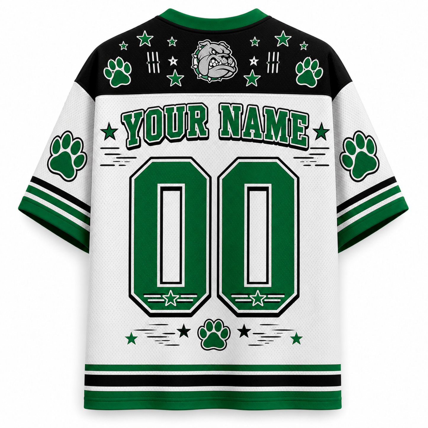 Customizable white and green short-sleeve jersey with black shoulder panels, featuring 'YOUR NAME' and '00' on the back, paw prints, stars, stripes, and a bulldog mascot graphic.