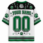 Customizable white and green short-sleeve jersey with black shoulder panels, featuring 'YOUR NAME' and '00' on the back, paw prints, stars, stripes, and a bulldog mascot graphic.