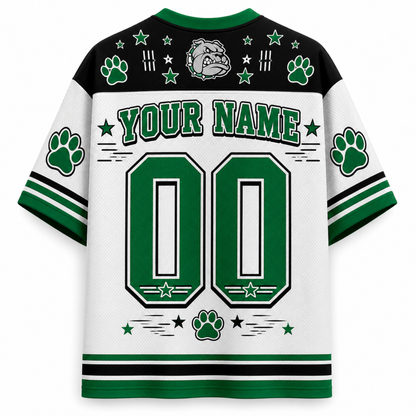 Customizable white and green short-sleeve jersey with black shoulder panels, featuring 'YOUR NAME' and '00' on the back, paw prints, stars, stripes, and a bulldog mascot graphic.
