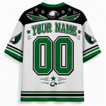 Customizable white mesh short-sleeve jersey with green and black athletic graphics, featuring 'YOUR NAME', '00', eagle head logos, and wing motifs on the back.