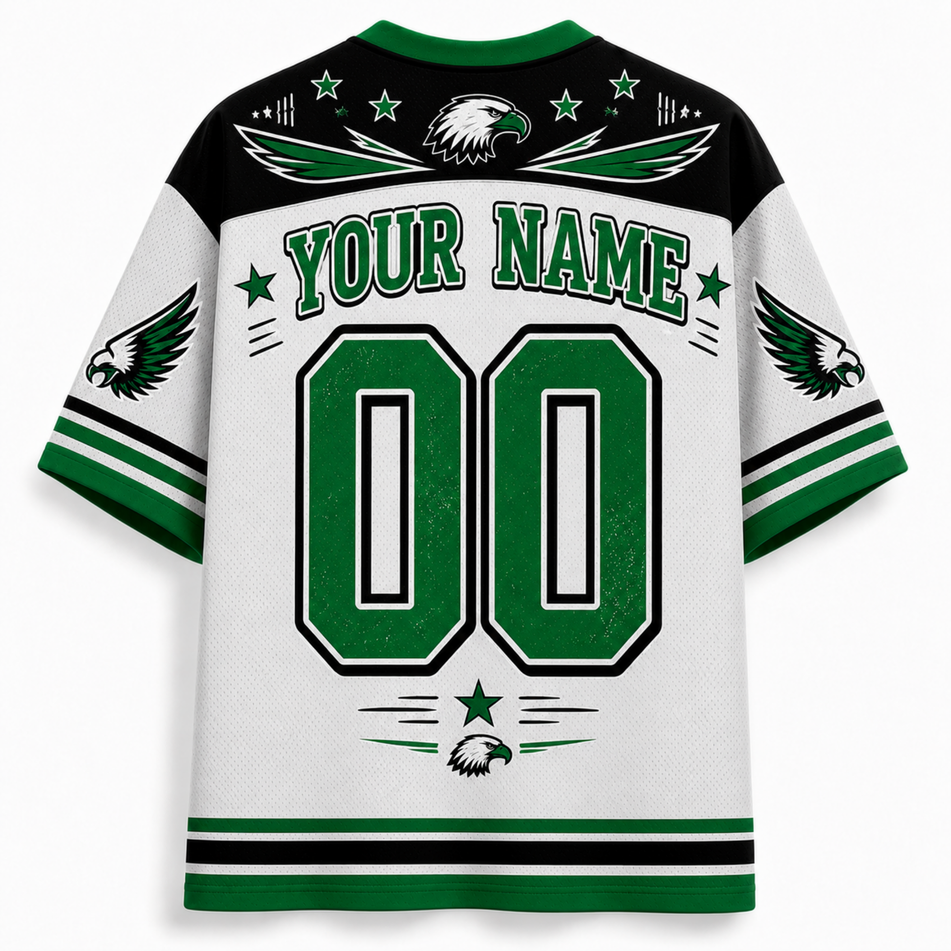 Customizable white mesh short-sleeve jersey with green and black athletic graphics, featuring 'YOUR NAME', '00', eagle head logos, and wing motifs on the back.