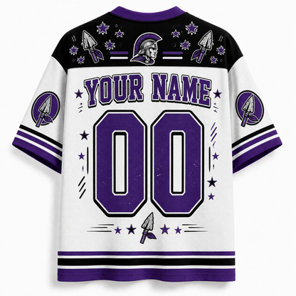 A white and purple short-sleeve jersey with 'YOUR NAME' and '00' printed on the back, decorated with purple stars, arrowhead graphics, and a Spartan helmet motif. The front of the jersey is not shown.