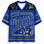 A royal blue and black short-sleeve V-neck jersey with 'WHS Wildcats' text, paw prints, stars, and a wildcat graphic on the front, shown on a plain white background.